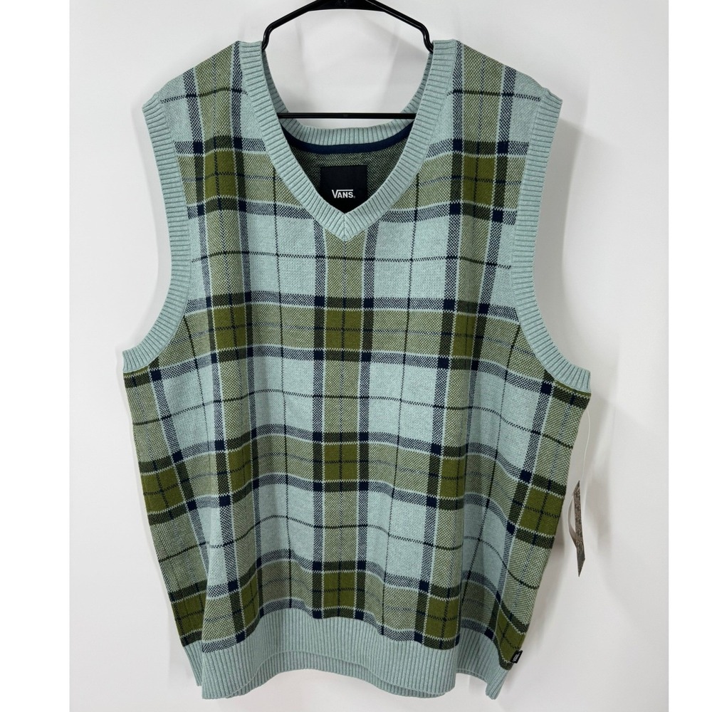 Vans Mens Almondwood‎ Preppy Plaid Sweater Vest Blue Green VN000HDVM8I Large NWT